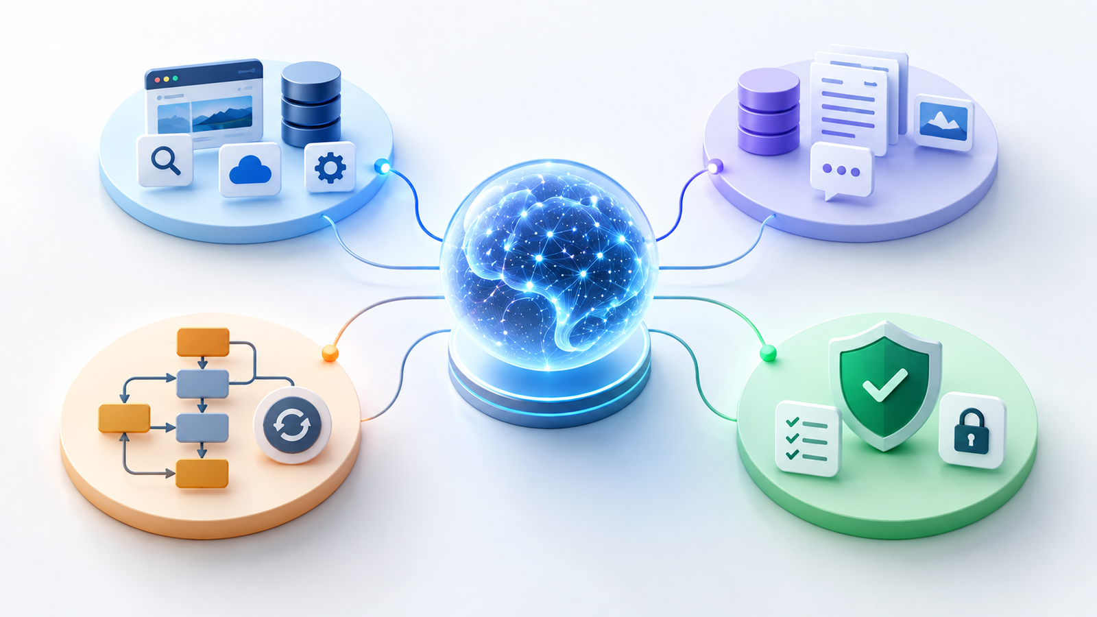 Illustration showing the main components of an AI agent including models, tools, memory and guardrails