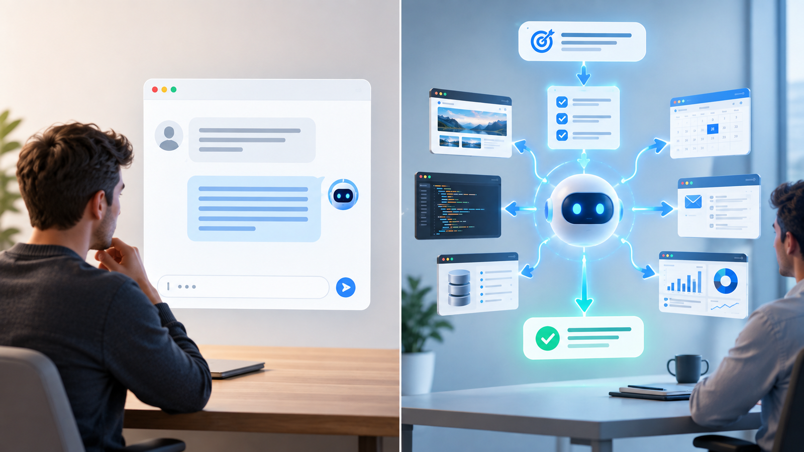 Comparison between a traditional AI chatbot and an AI agent using tools