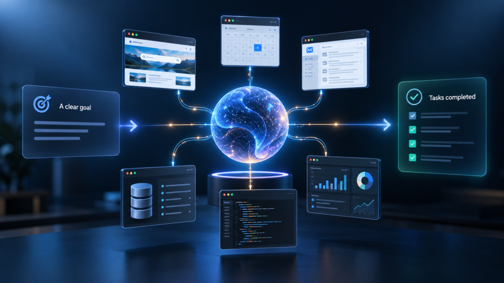Illustration showing an AI agent planning tasks and using digital tools