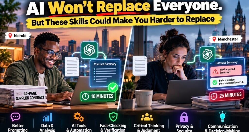 AI skills that make you harder to replace, shown as a person checking AI output on a laptop