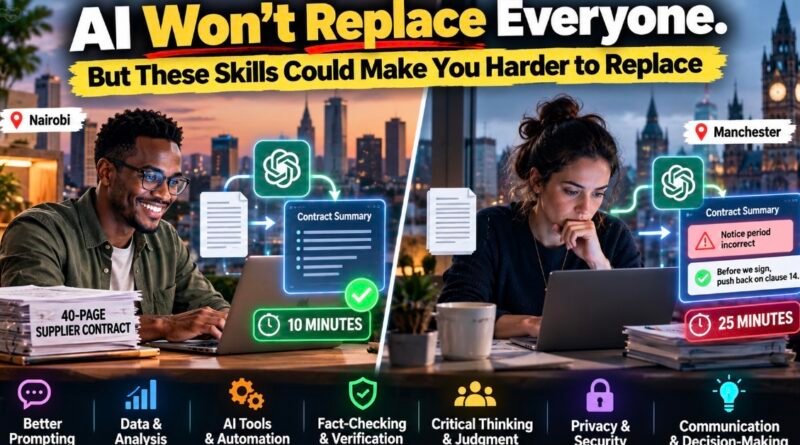AI skills that make you harder to replace, shown as a person checking AI output on a laptop