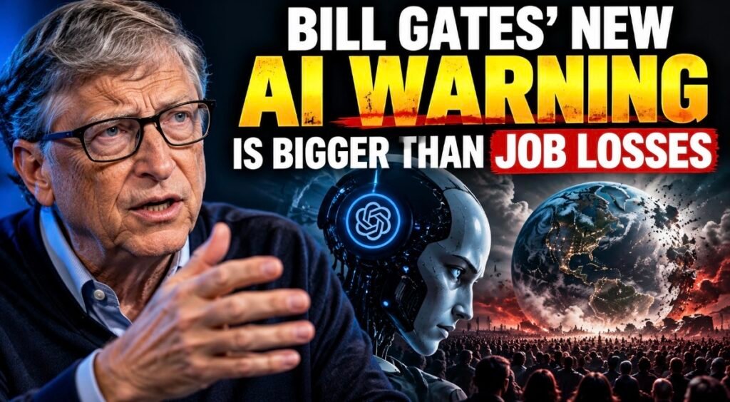 Bill Gates AI warning illustrated with Bill Gates speaking, an AI robot and a damaged Earth above a crowd