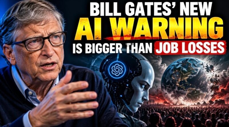 Bill Gates AI warning illustrated with Bill Gates speaking, an AI robot and a damaged Earth above a crowd