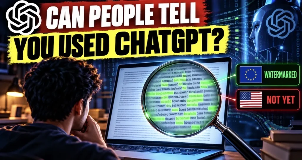 Can people tell I used ChatGPT? Illustration of a ChatGPT text watermark hidden in word choices under a magnifying glass