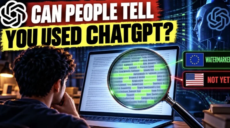 Can people tell I used ChatGPT? Illustration of a ChatGPT text watermark hidden in word choices under a magnifying glass