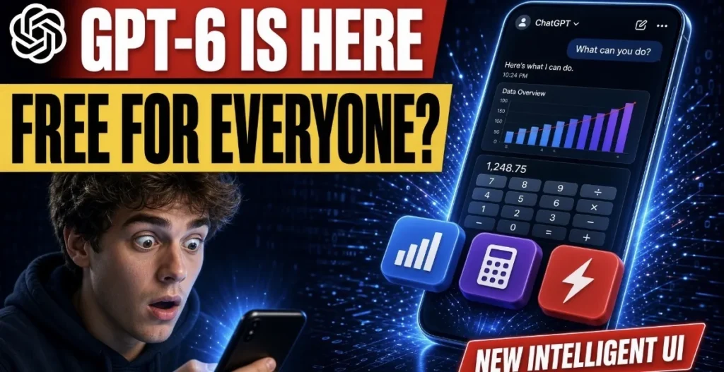 GPT-6 Intelligent UI in ChatGPT showing interactive charts, a calculator and tappable buttons inside a chat