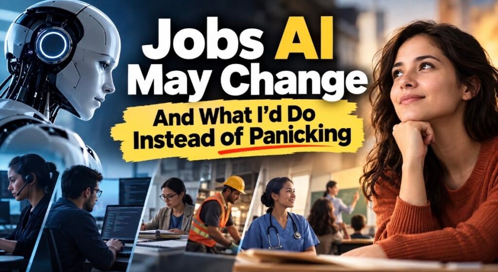 Jobs AI may change shown as workers in call centers, design, farming and nursing alongside AI tools.