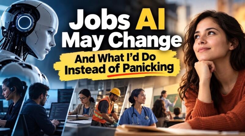 Jobs AI may change shown as workers in call centers, design, farming and nursing alongside AI tools.
