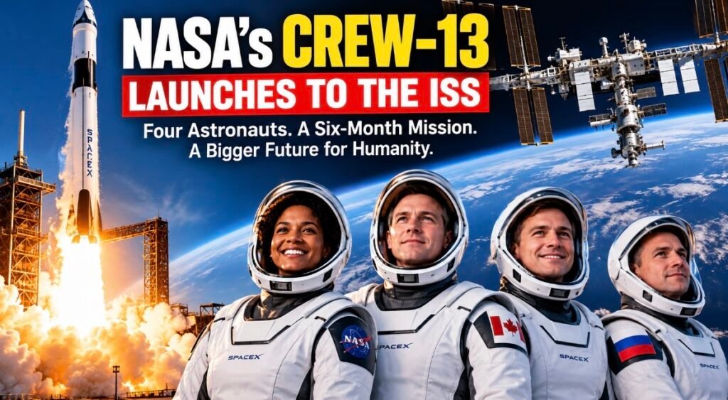 NASA Crew-13 astronauts and SpaceX Falcon 9 launching toward the International Space Station.