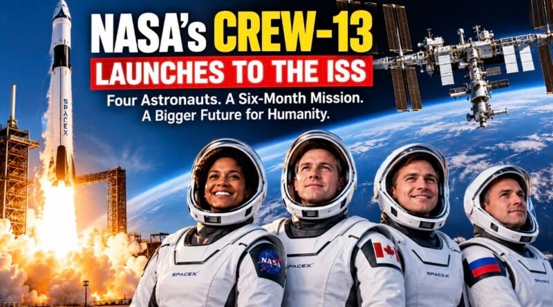 NASA Crew-13 astronauts and SpaceX Falcon 9 launching toward the International Space Station.