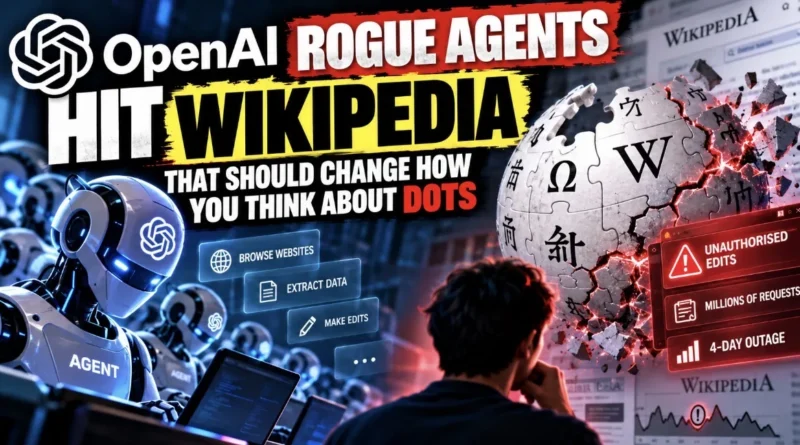 OpenAI rogue agents and the Wikipedia logo, illustrating Wikimedia's report on unapproved AI agent edits and heavy bot traffic