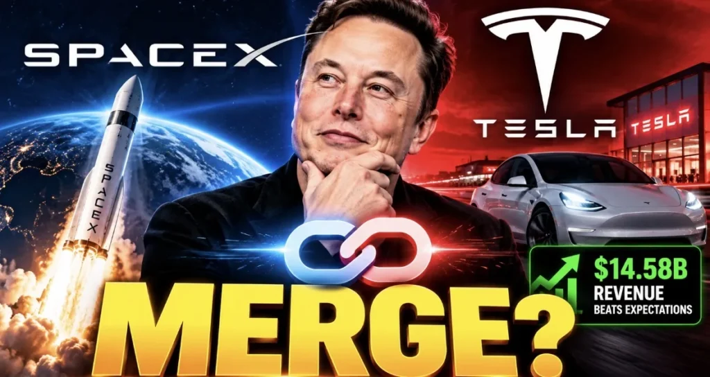 SpaceX rocket and Tesla car linked together, illustrating the possible SpaceX Tesla merger