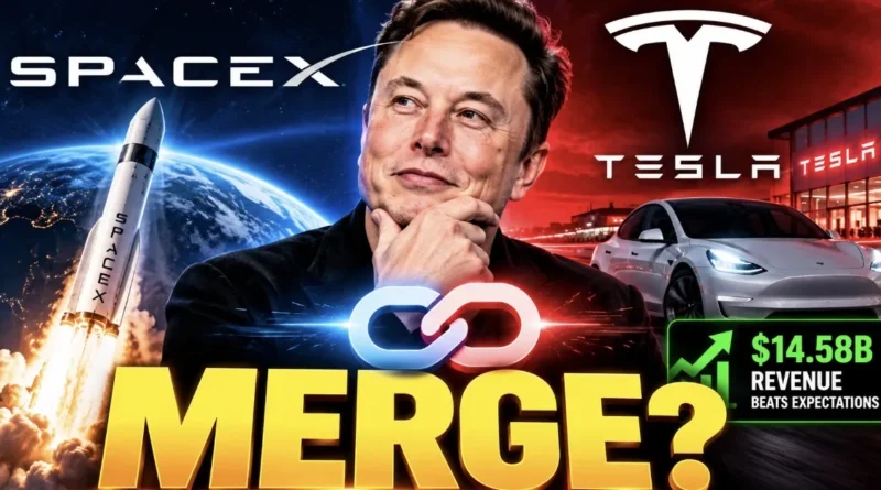 SpaceX rocket and Tesla car linked together, illustrating the possible SpaceX Tesla merger