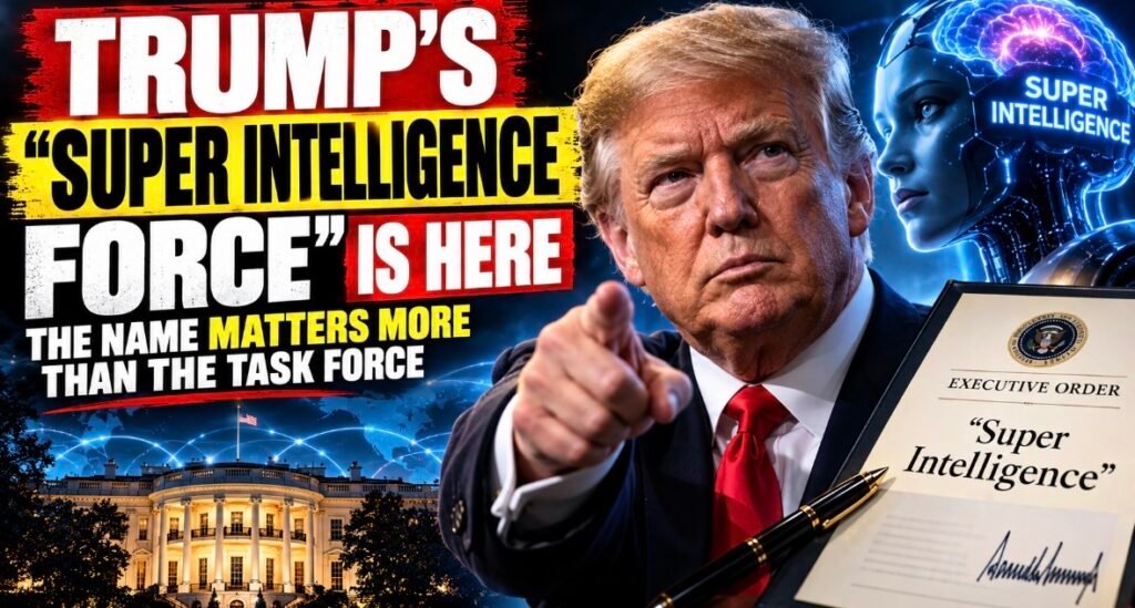 Trump's Super Intelligence Force announcement with an executive order reading Super Intelligence and an AI figure