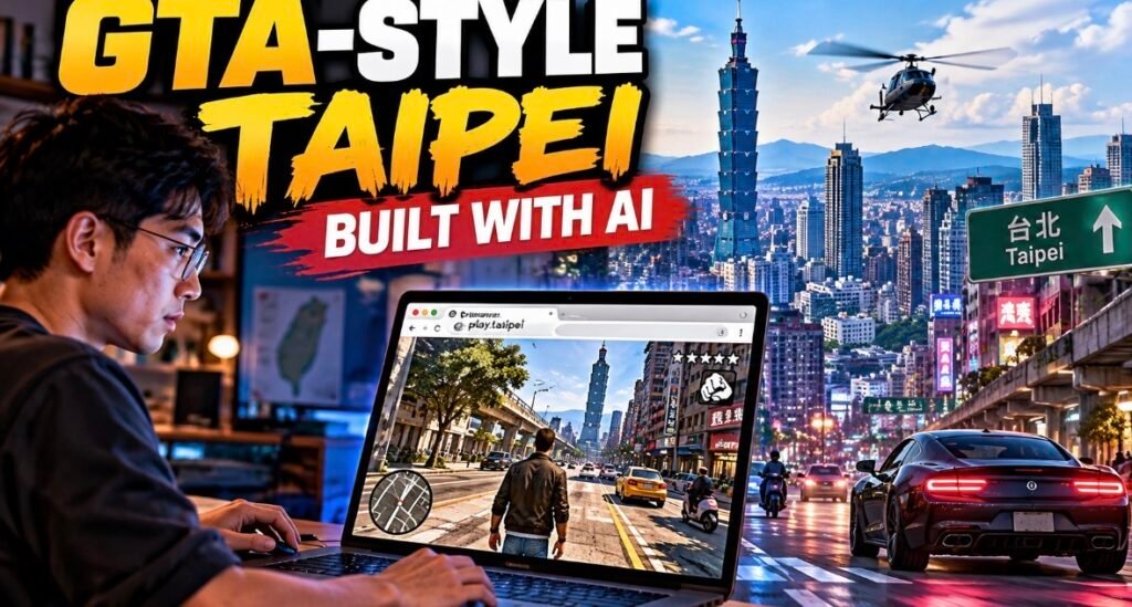 Taipei GTA, a GTA-style Taipei browser game built with AI, shown on a laptop with Taipei 101 behind.