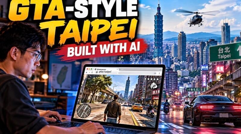 Taipei GTA, a GTA-style Taipei browser game built with AI, shown on a laptop with Taipei 101 behind.
