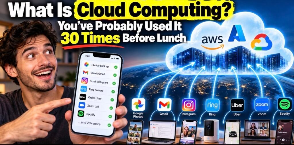 What is cloud computing explained with everyday apps connected to data center servers.