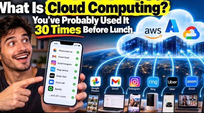 What is cloud computing explained with everyday apps connected to data center servers.