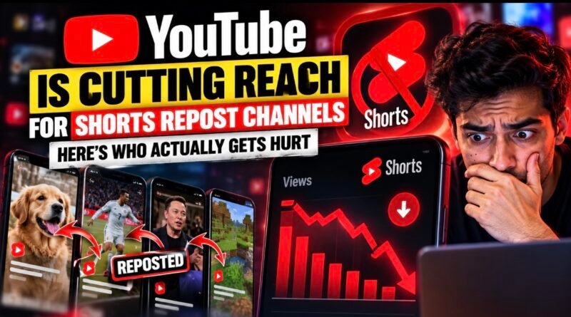 YouTube Shorts repost channels losing reach, shown as reposted clips and a falling views graph.